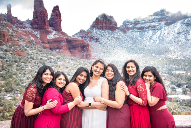 Bridesmaids portrait photography in Sedona with snow